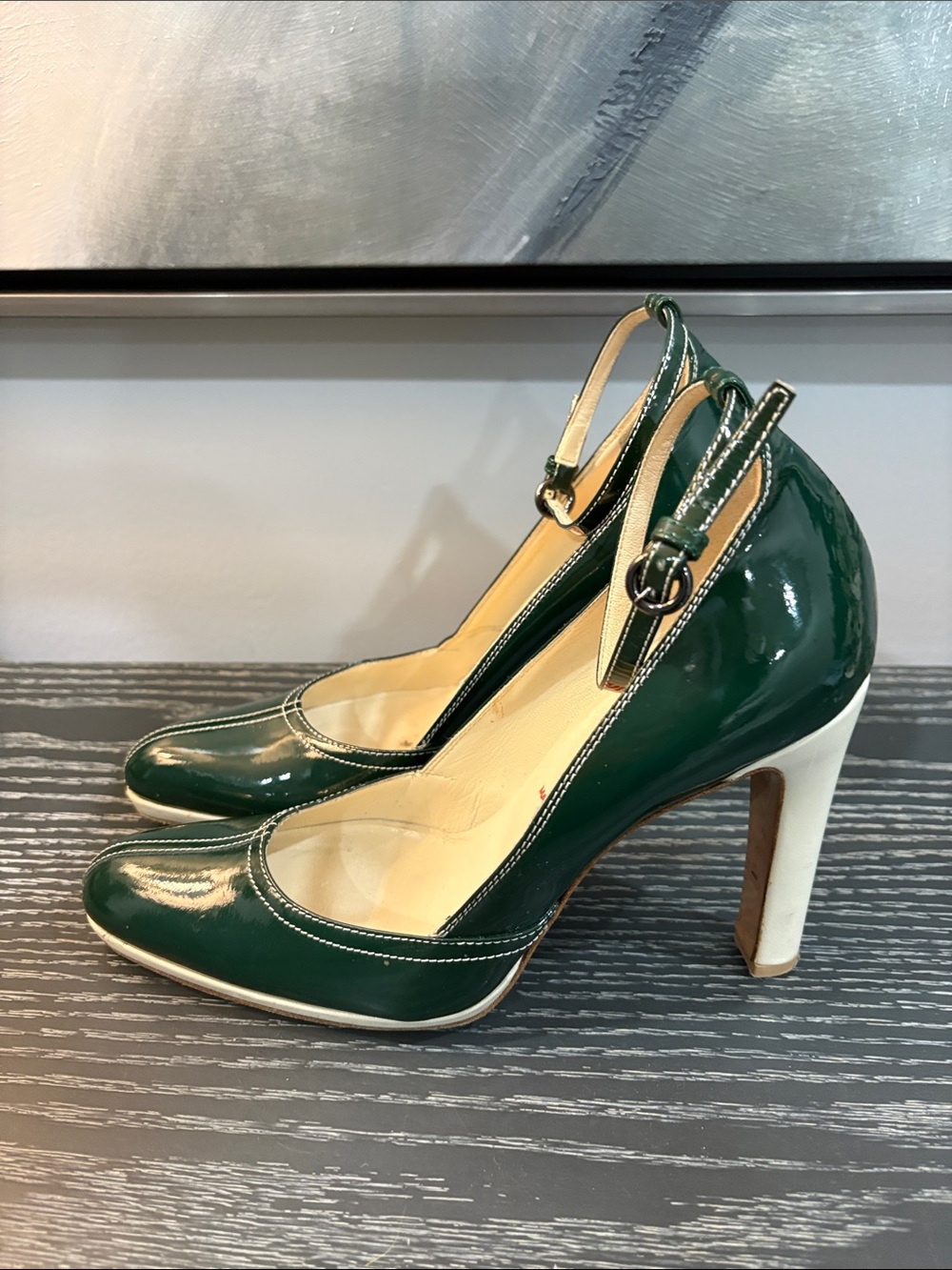 Miu Miu Emerald Green Patent Leather Ankle-Strap Pumps